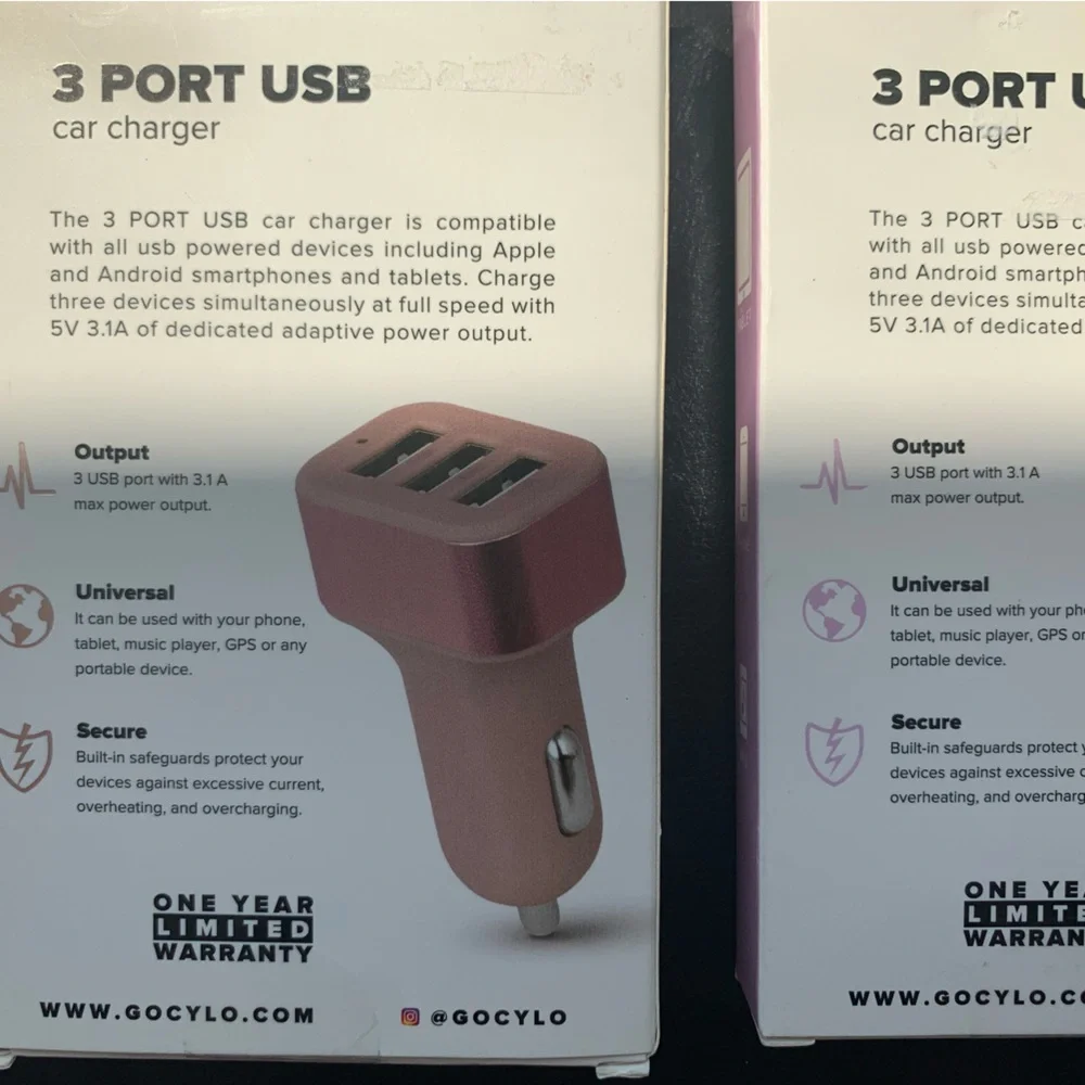 Set of 2 Cylo Power 3 Port USB Car Charger fast charge smartphones tablets iPods